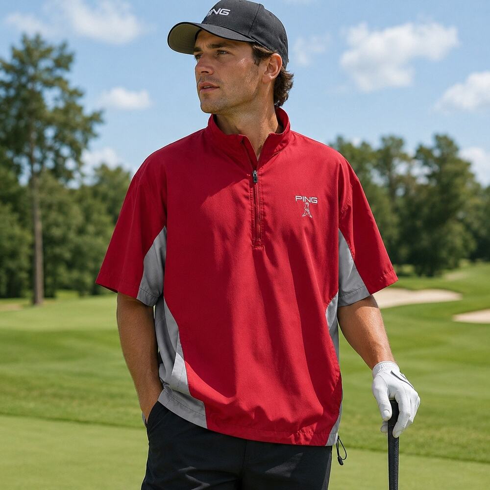 PING Golf Men’s XXL Half Zip Short Sleeve Windshirt Pullover Jacket Red Gray
